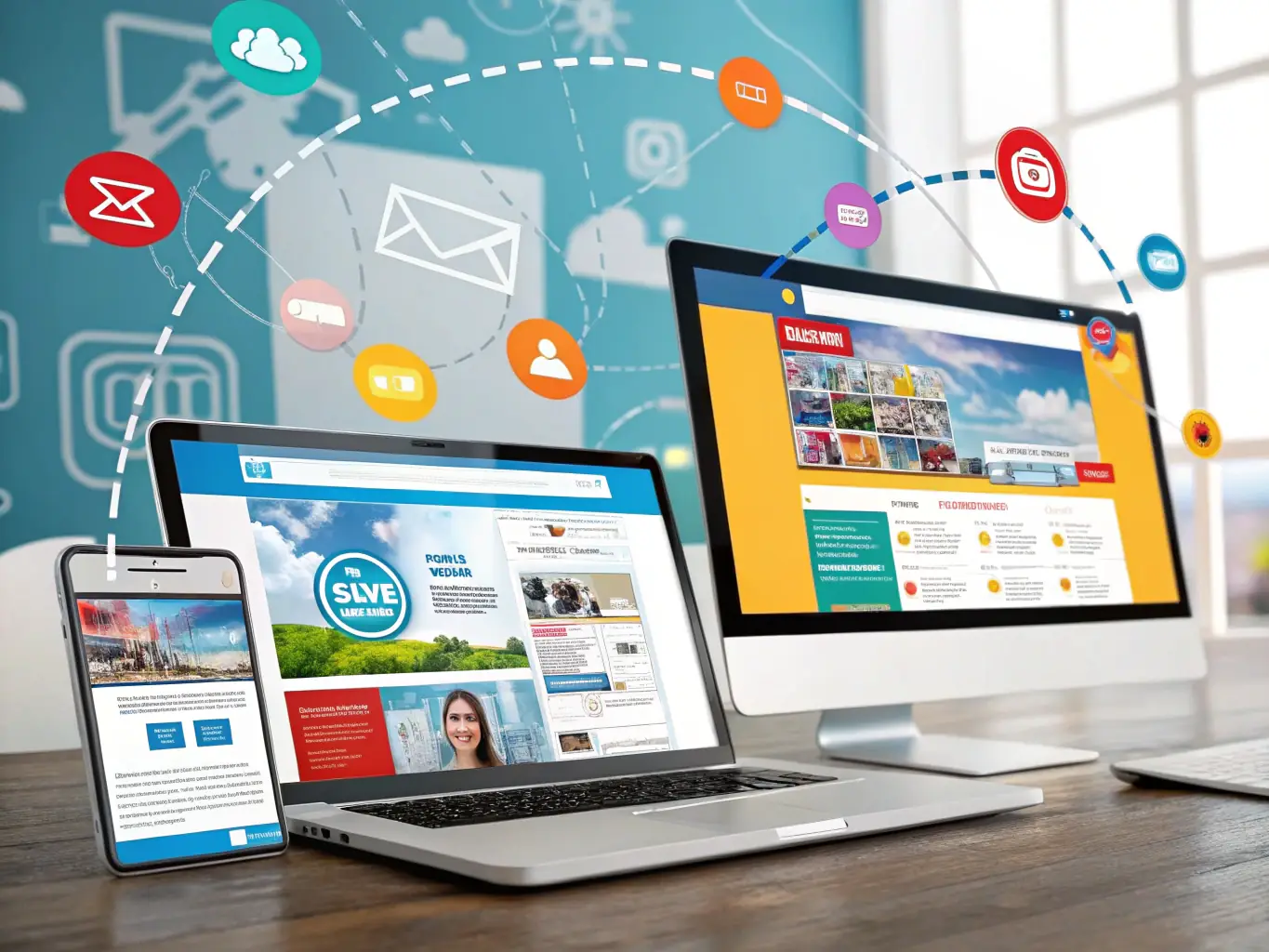 A vibrant digital marketing campaign is displayed on multiple devices, showcasing targeted ads, engaging social media content, and optimized website landing pages.