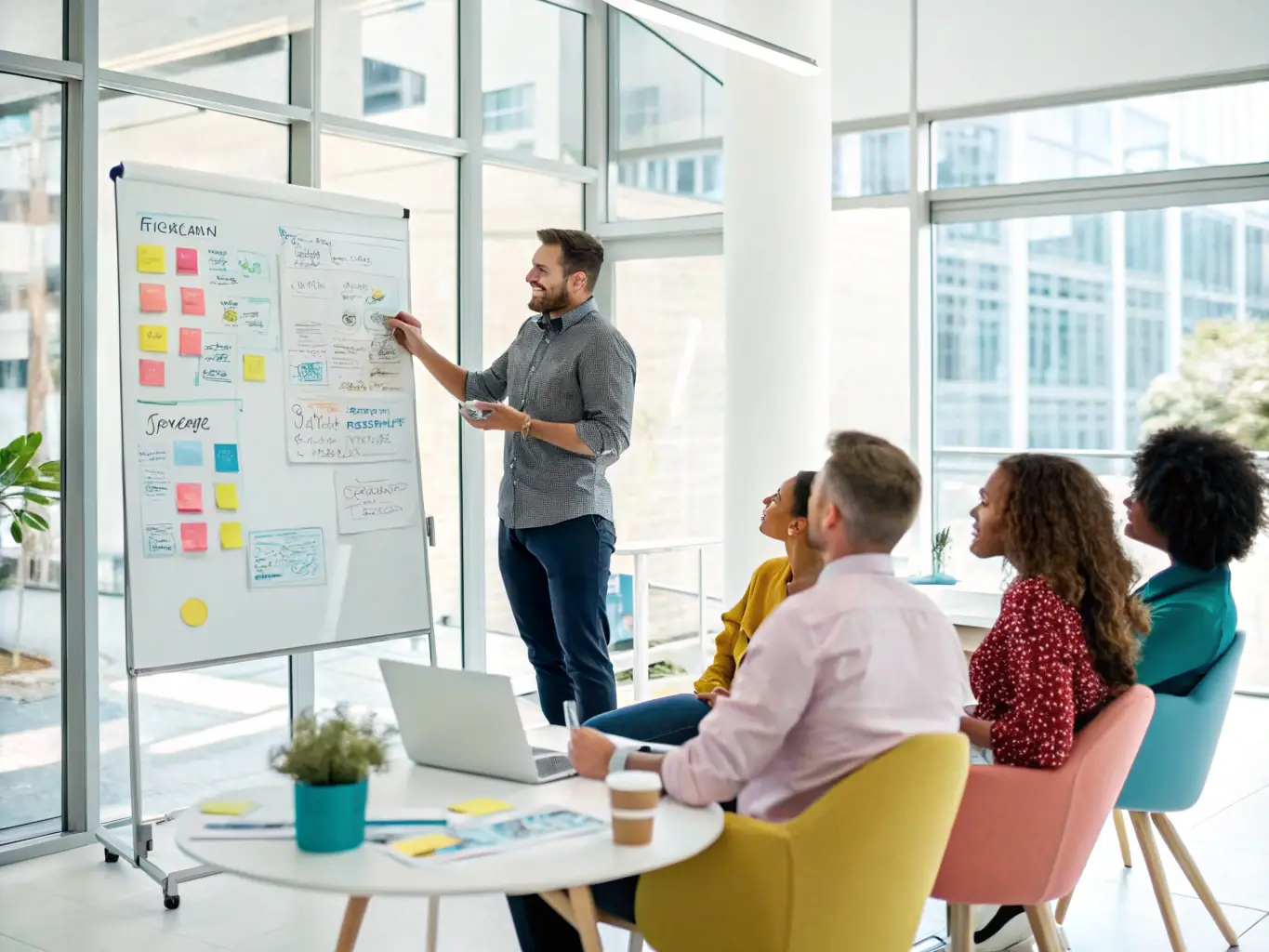 A professional CMO is leading a strategic planning session with a team, reviewing marketing analytics dashboards and discussing growth strategies in a modern office setting.
